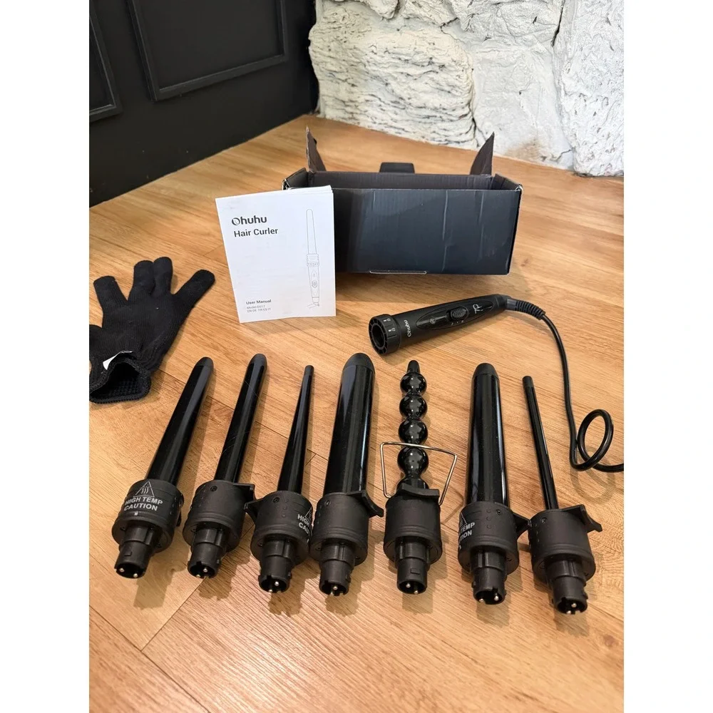 Ohuhu 7-in-1 Interchangeable Hair Curler Wand Set Black Ceramic Model D017